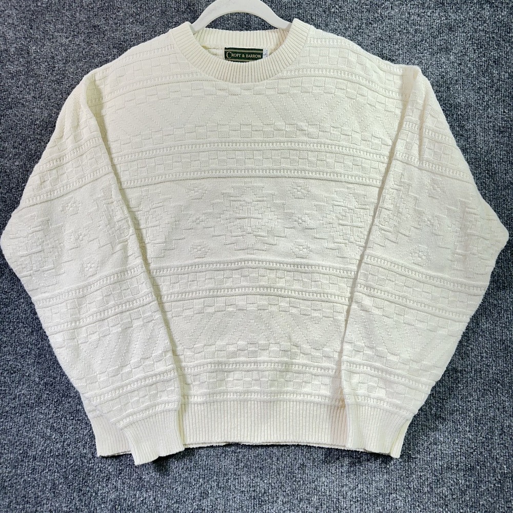 Croft Barrow 3D Knit Sweater Large White Geometric Fisherman Made USA Vintage 90